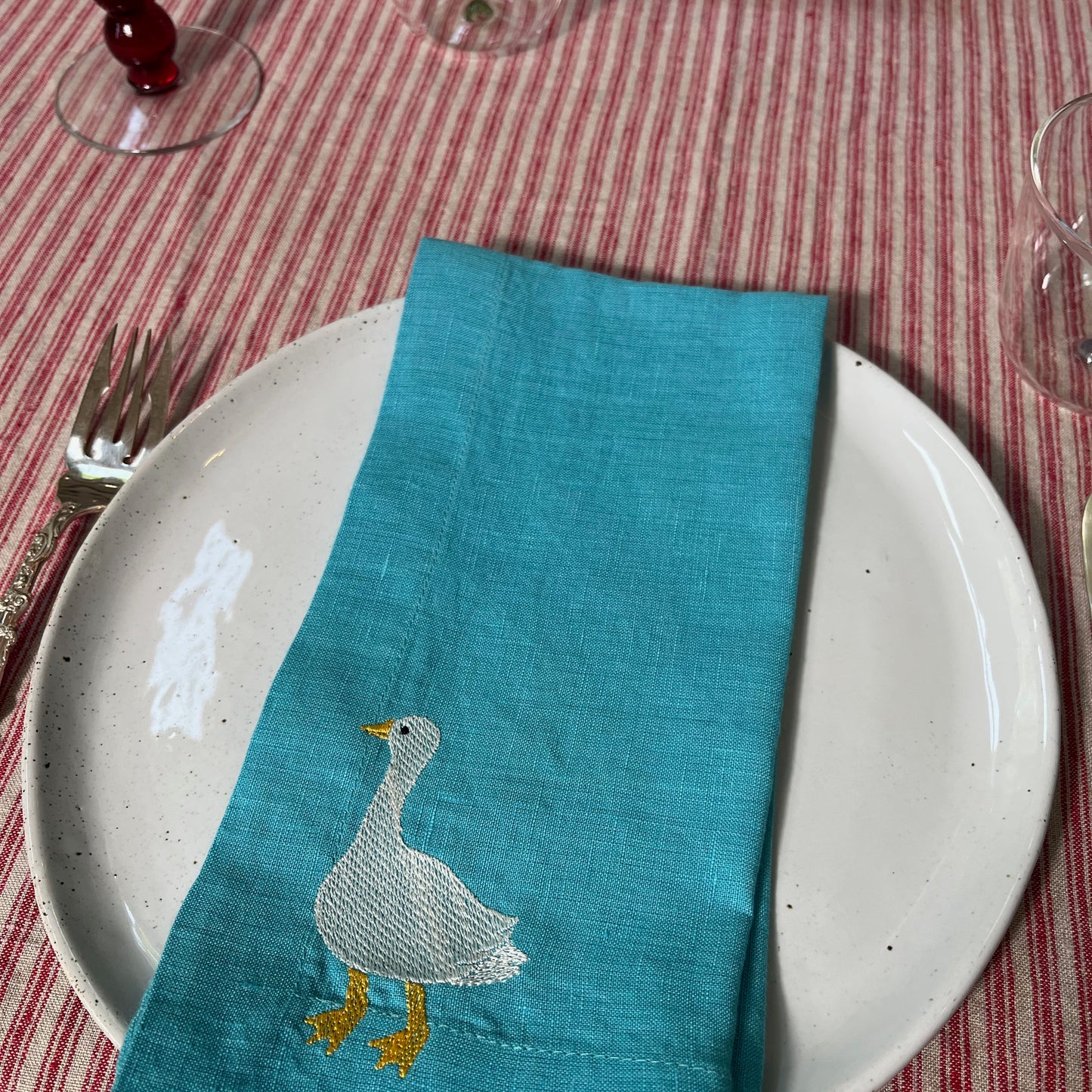 Blue Linen Napkins with Embroidered Geese — Set of 4
