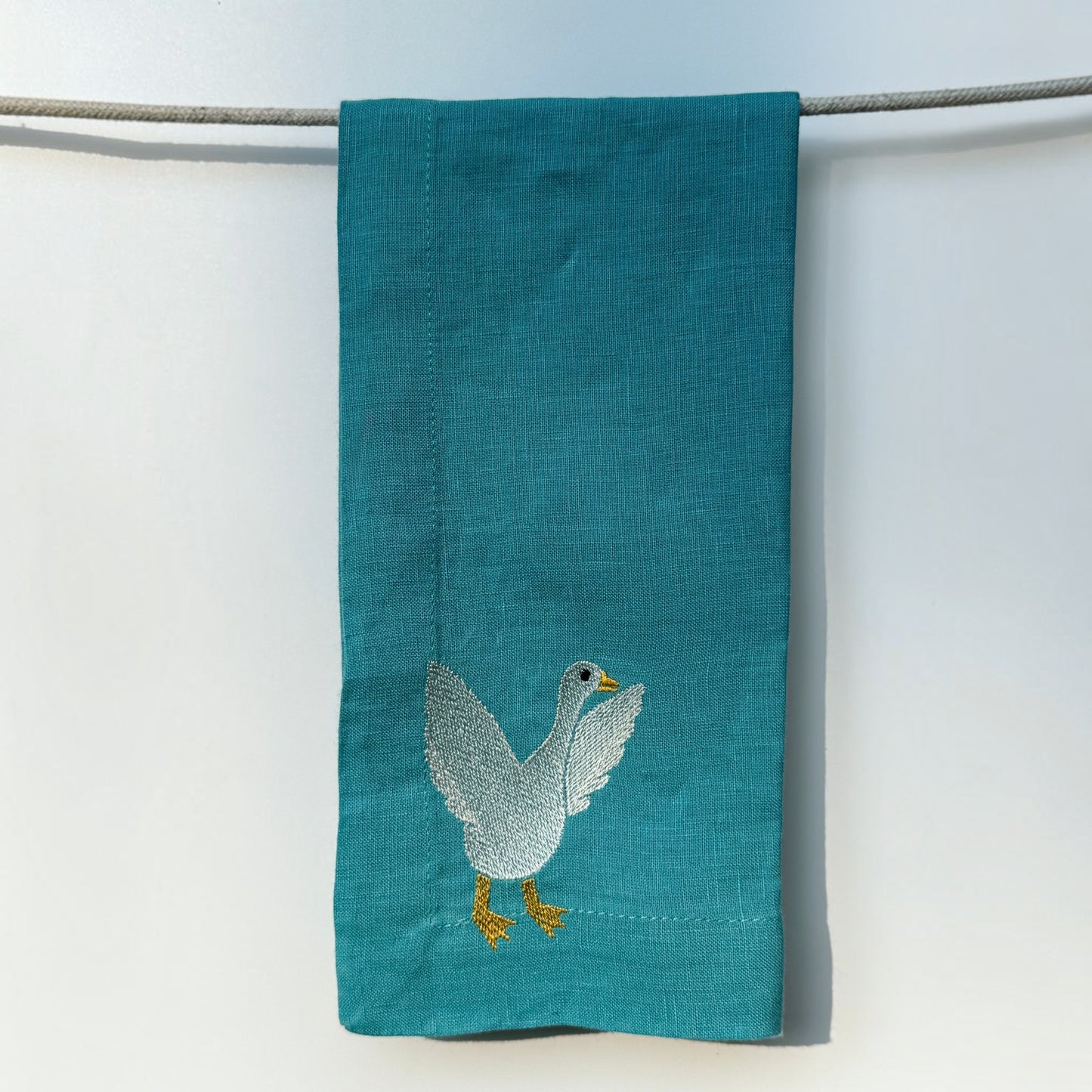 Blue Linen Napkins with Embroidered Geese — Set of 4