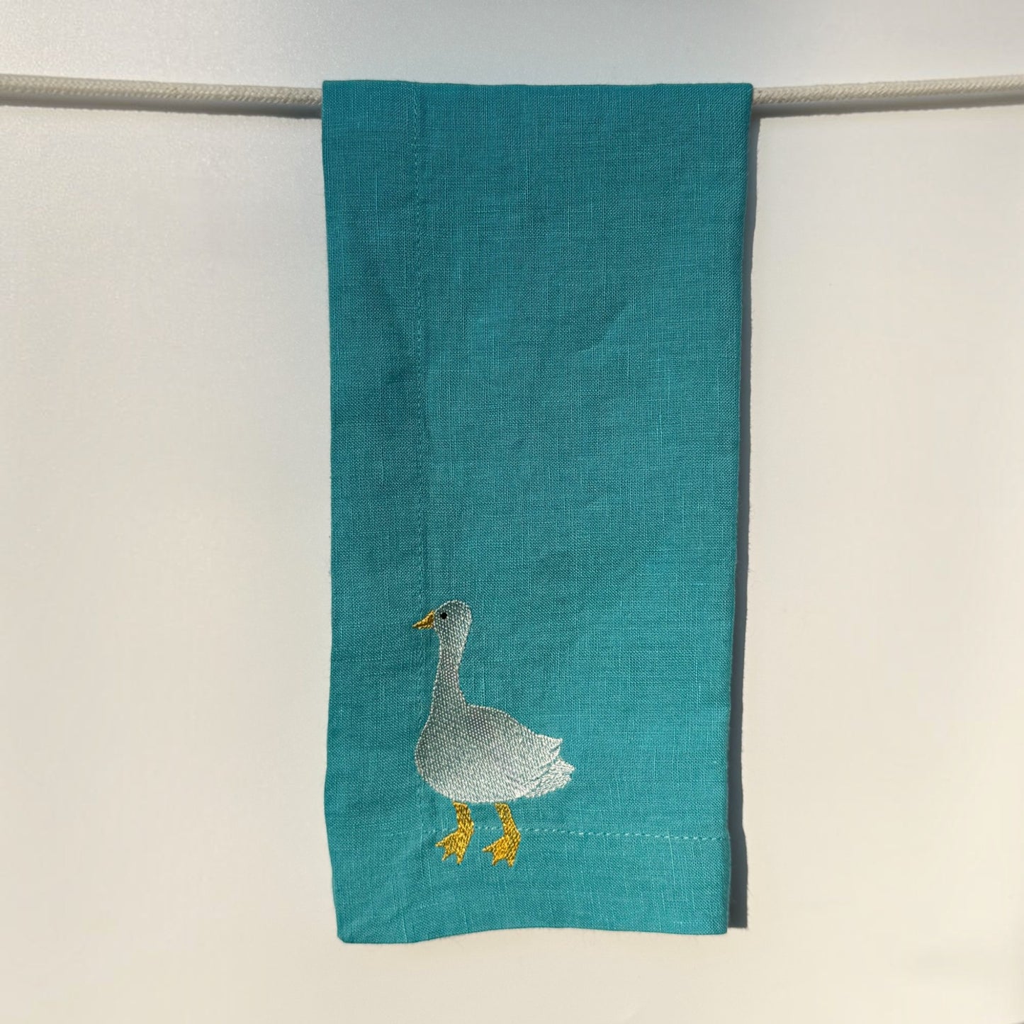 Blue Linen Napkins with Embroidered Geese — Set of 4