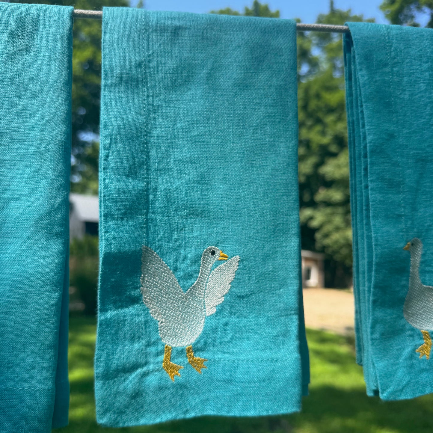 Blue Linen Napkins with Embroidered Geese — Set of 4