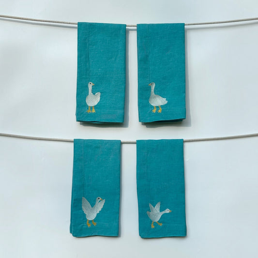 Blue Linen Napkins with Embroidered Geese — Set of 4
