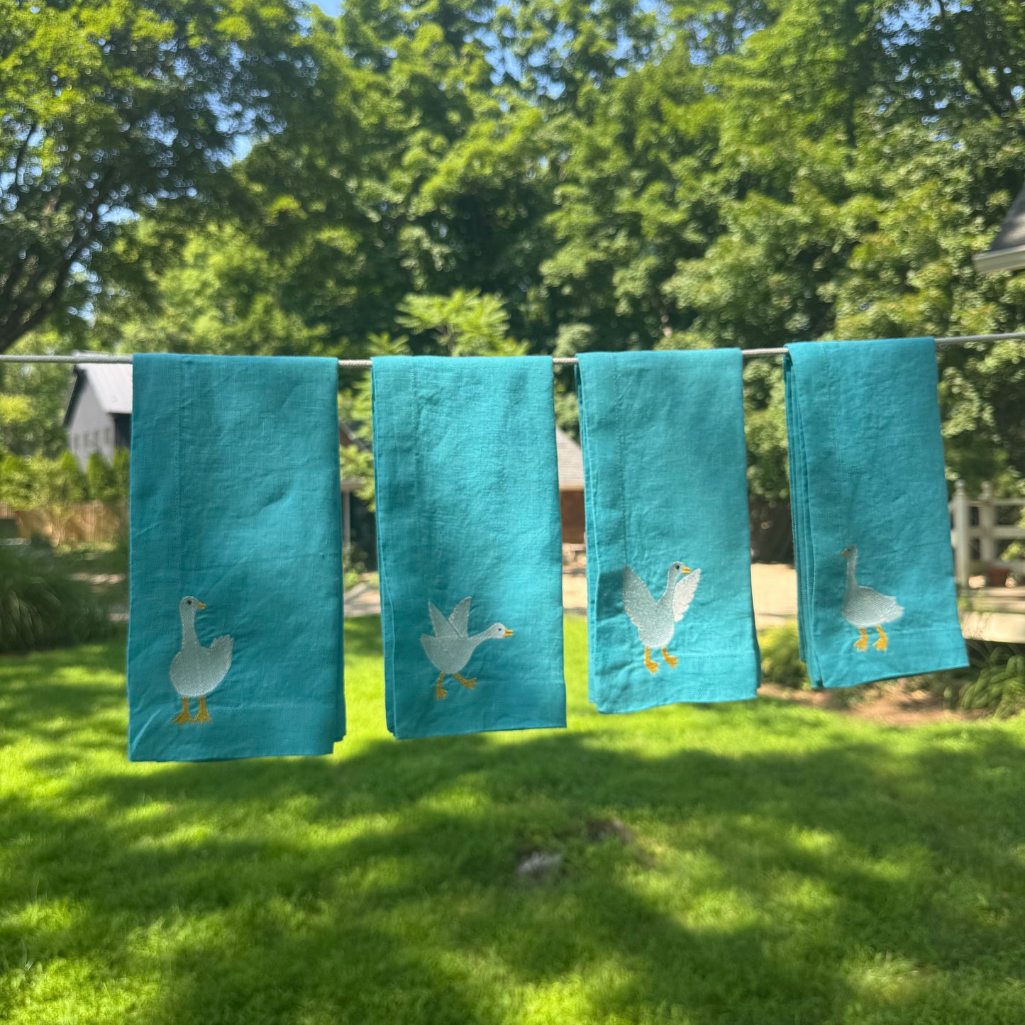 Blue Linen Napkins with Embroidered Geese — Set of 4