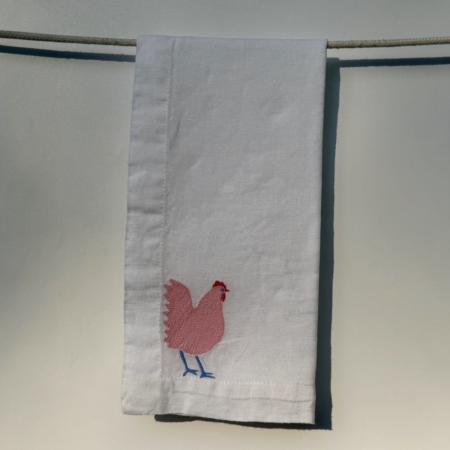 White Linen Napkins with Embroidered Chickens — Set of 4