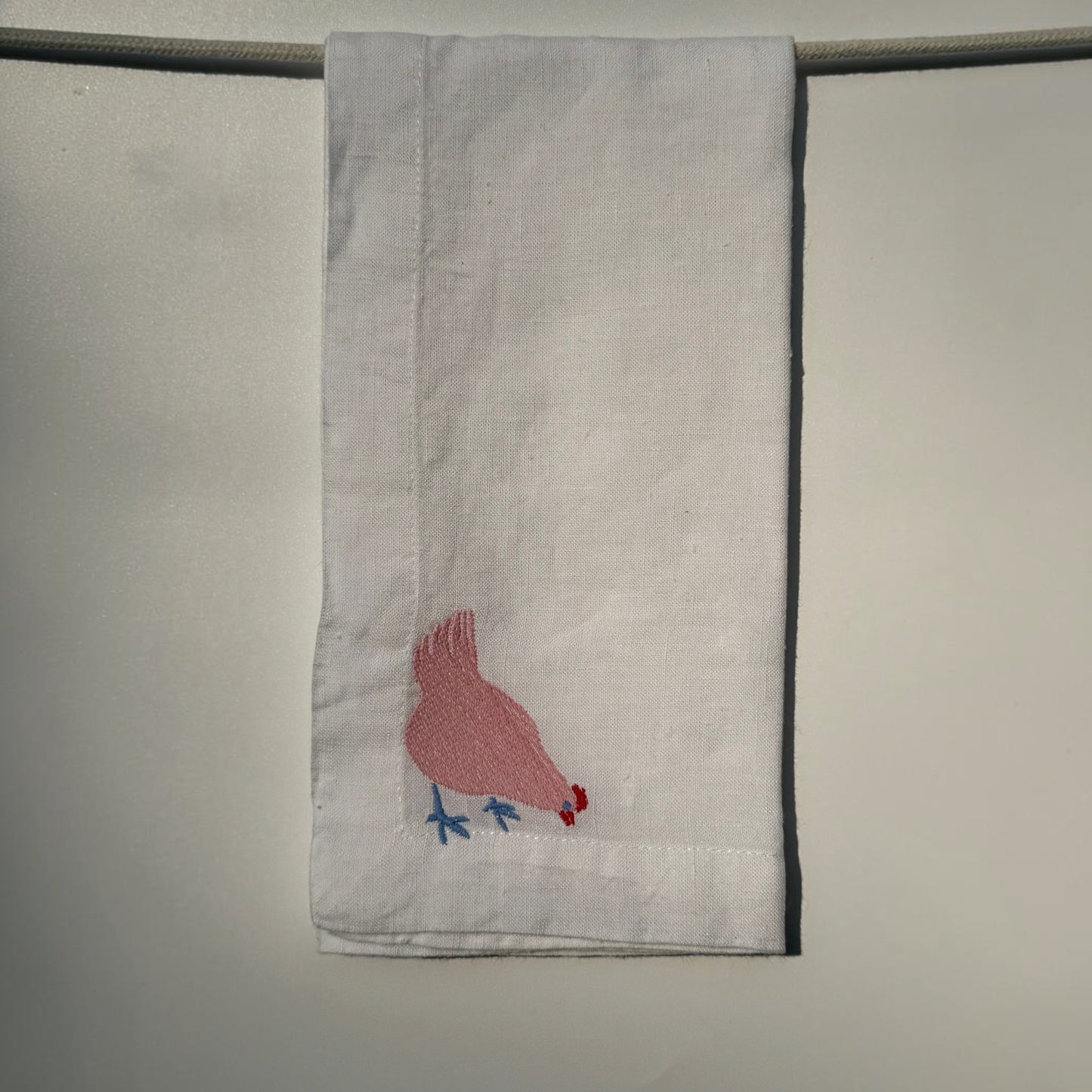 White Linen Napkins with Embroidered Chickens — Set of 4