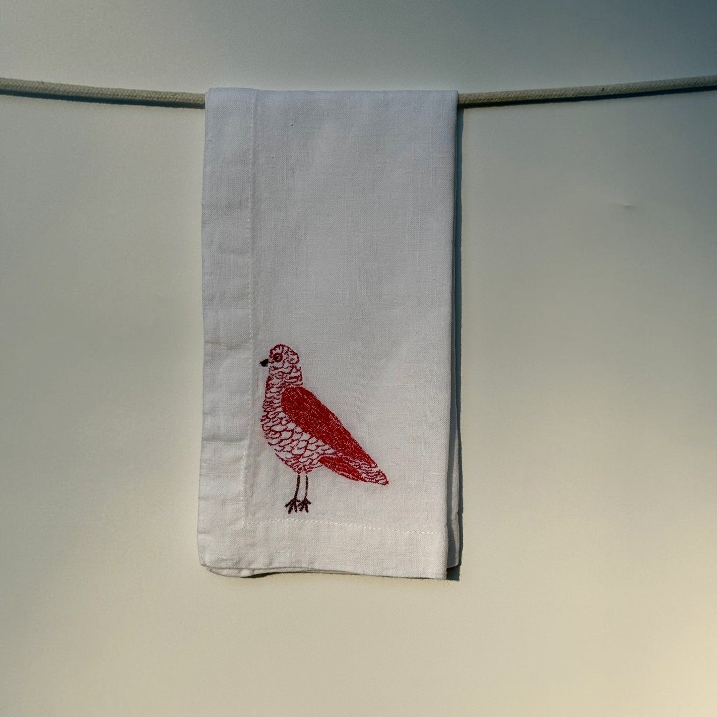 White Linen Napkins with Embroidered Pigeons — Set of 4