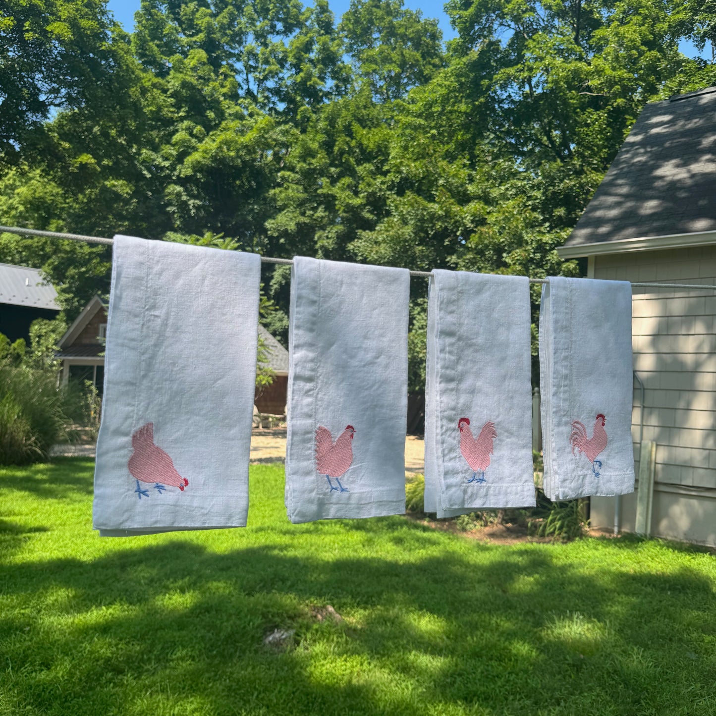 White Linen Napkins with Embroidered Chickens — Set of 4