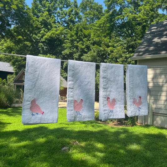 White Linen Napkins with Embroidered Chickens — Set of 4