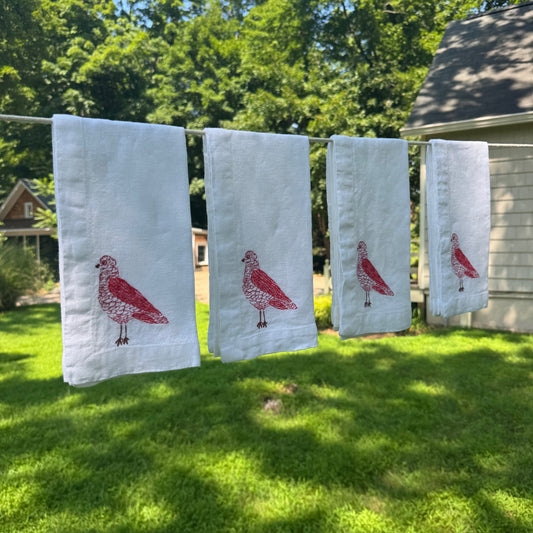 White Linen Napkins with Embroidered Pigeons — Set of 4